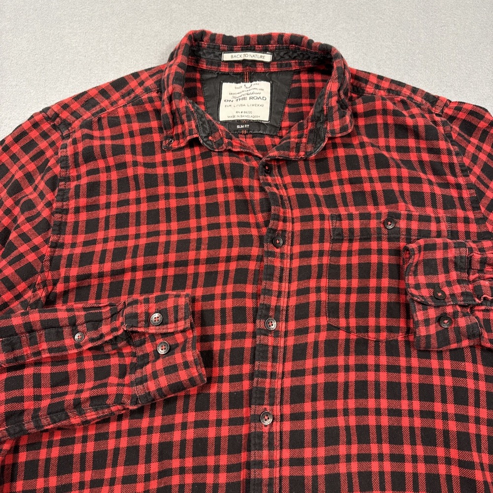 On the Road Tartan Flannel‎ Long Sleeve Button Up Shirt Men LARGE  42 RED BLK